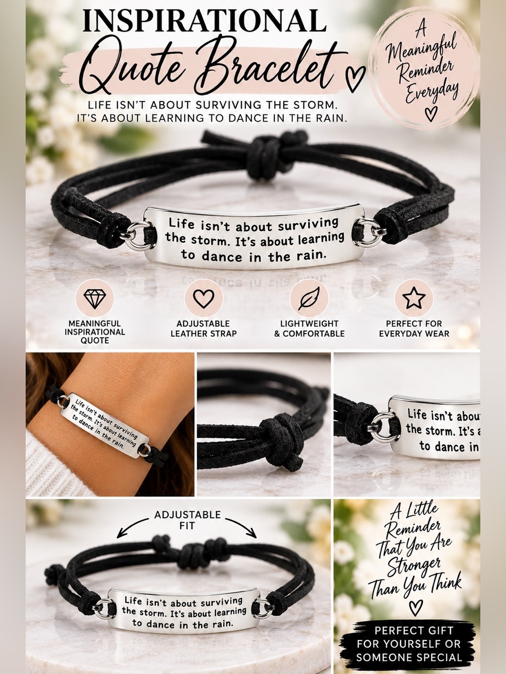 Inspirational Leather Bracelet “Dance in the Rain” | Motivational Gift